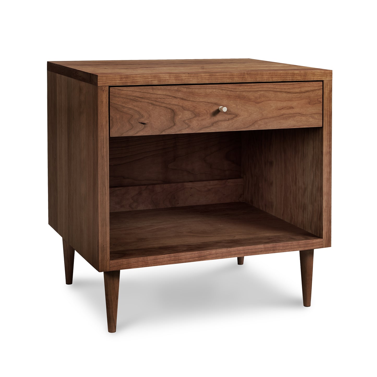Larssen 1-Drawer Wide Nightstand showcasing Mid-century Modern style with hardwood construction, tapered legs, single drawer, and shelf by Vermont Furniture Designs.