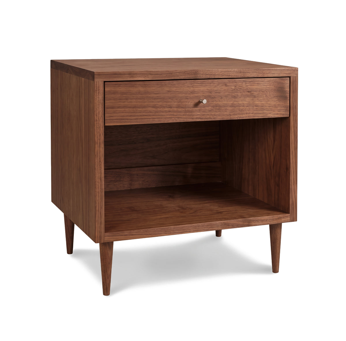 Larssen 1-Drawer Wide Nightstand showcasing Mid-century Modern style with hardwood construction, tapered legs, single drawer, and shelf by Vermont Furniture Designs.