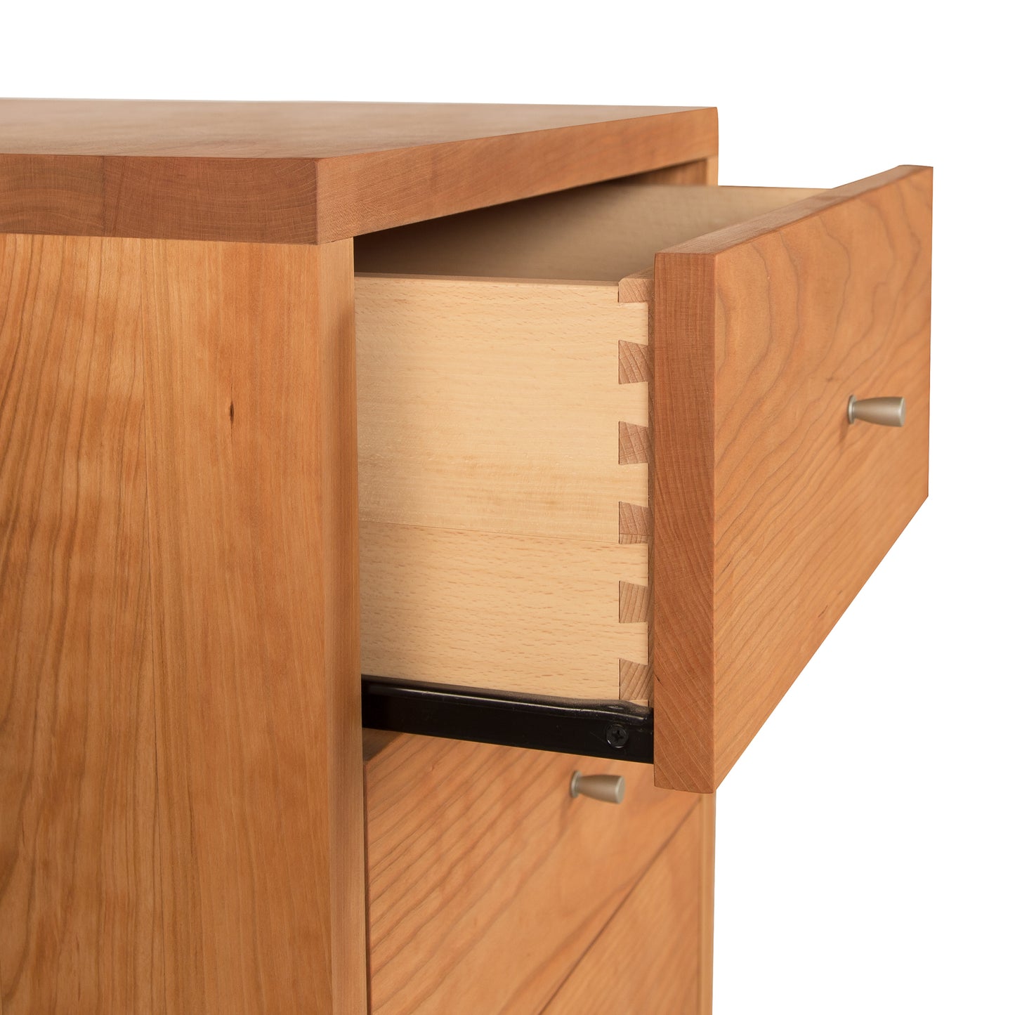 Larssen 3-Drawer Nightstand by Vermont Furniture Designs showcasing dovetail joints, natural hardwood, and a sleek metal handle.