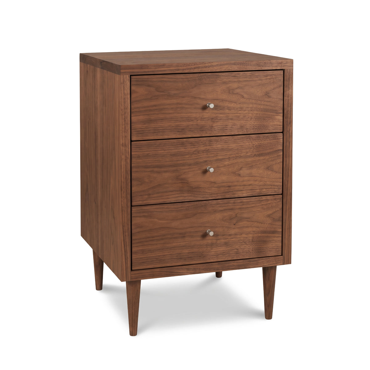 Mid-century modern Larssen 3-Drawer Nightstand by Vermont Furniture Designs with tapered legs and natural hardwood finish.