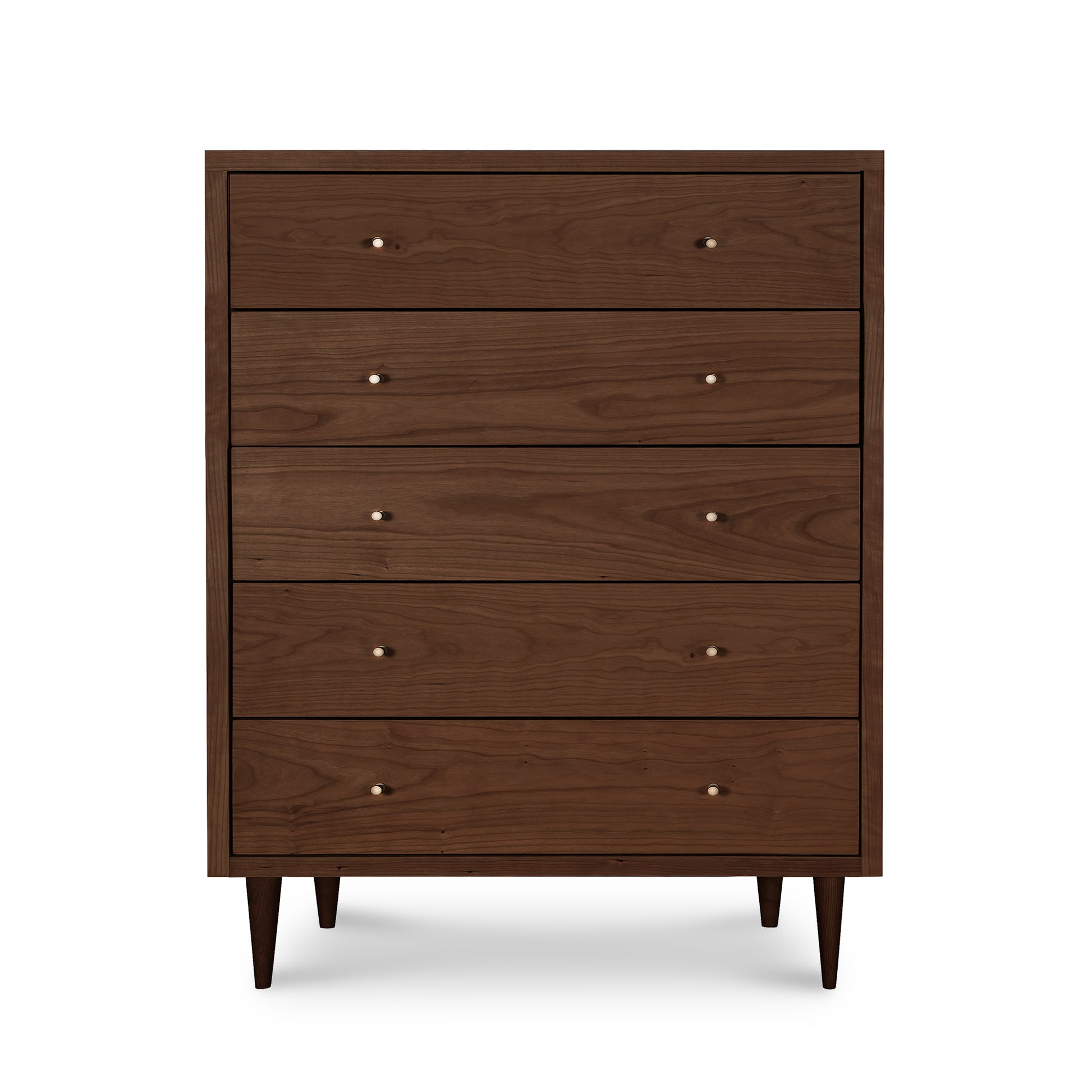 Larssen 5-Drawer Wide Chest with mid-century modern style, featuring sleek tapered legs and metal knobs by Vermont Furniture Designs.