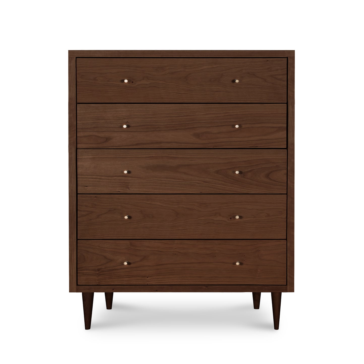 Larssen 5-Drawer Wide Chest with mid-century modern style, featuring sleek tapered legs and metal knobs by Vermont Furniture Designs.