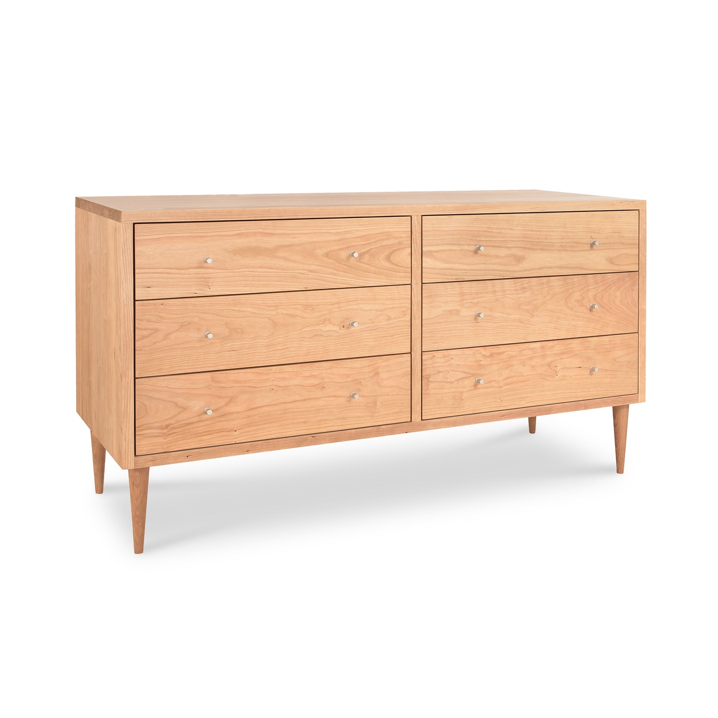 Larssen 6-Drawer Dresser by Vermont Furniture Designs with elegant metal knobs and sleek tapered legs, showcasing its high-quality craftsmanship.