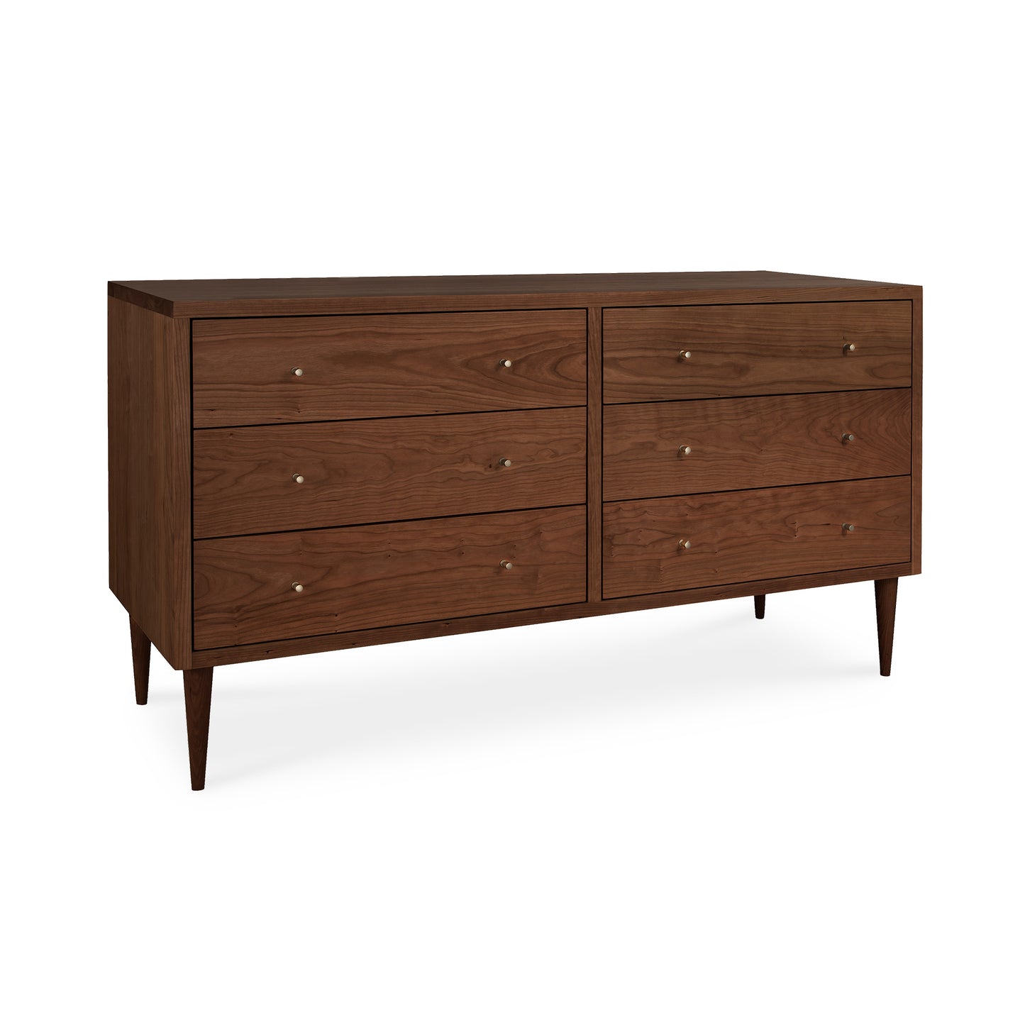 Solid wood Larssen 6-Drawer Dresser by Vermont Furniture Designs with tapered legs and metal knobs, showcasing mid-century modern elegance.