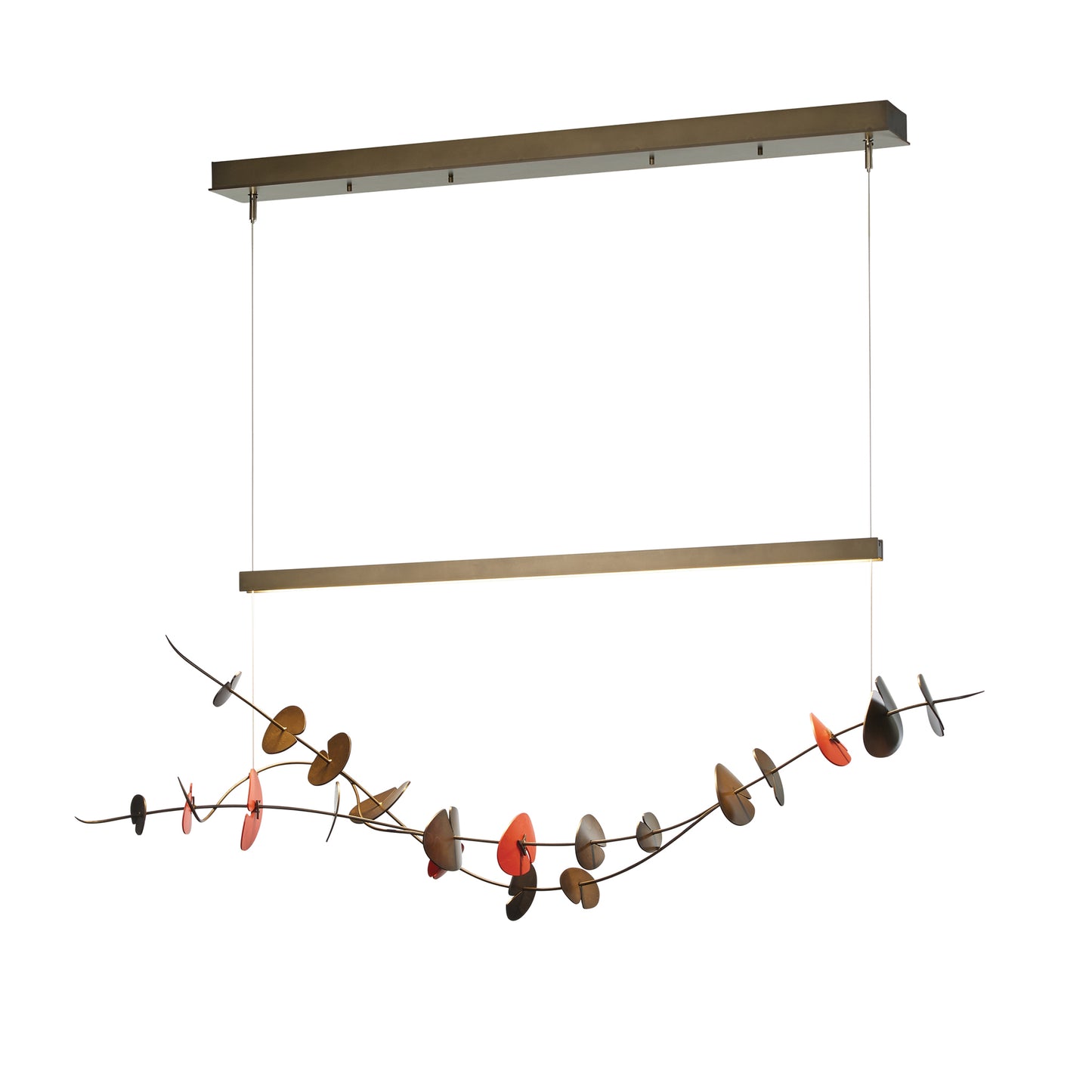 Modern Lily LED Pendant by Hubbardton Forge with dual metal bars and colorful discs, featuring energy-efficient LED lights.