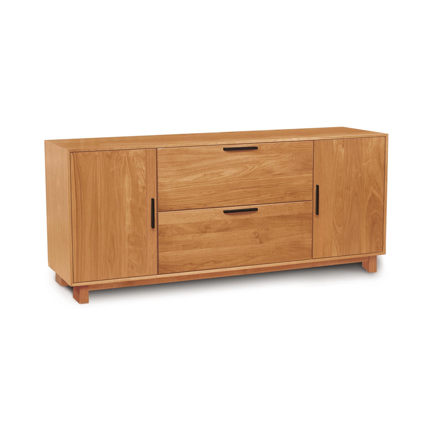 Copeland Furniture Linear Office Credenza in cherry with two side doors, central drawers, black handles, and a natural wood finish.