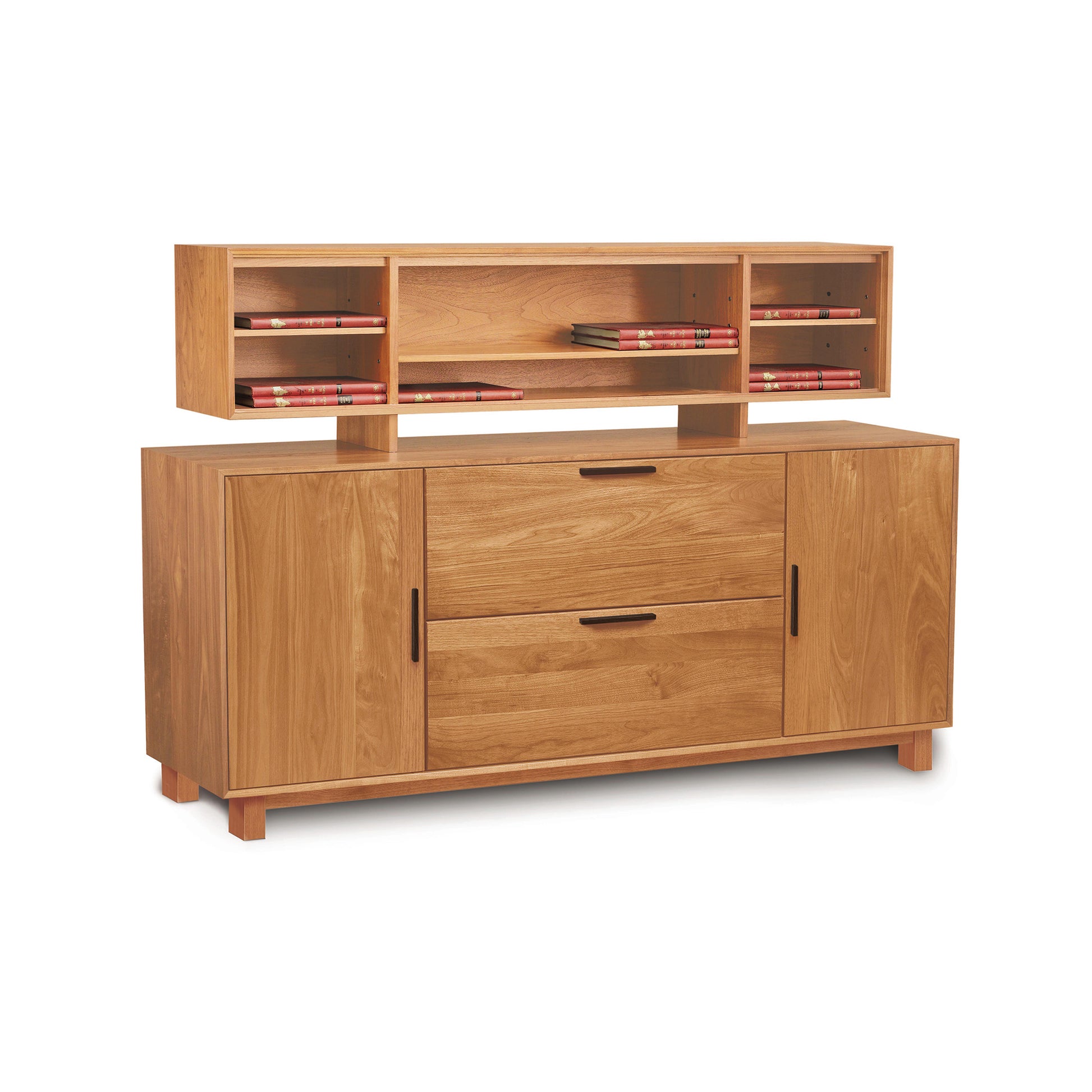 A solid cherry wood Linear Office Credenza with a matching hutch featuring shelves and drawers with red interior accents, isolated on a white background by Copeland Furniture.