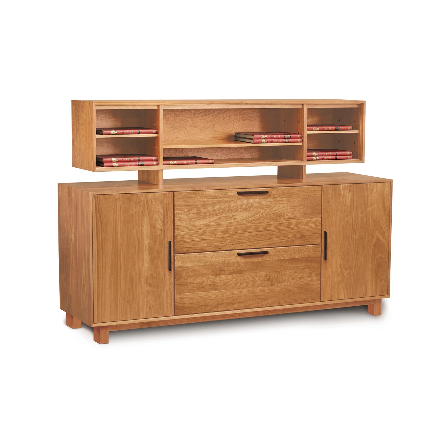 Copeland Furniture Linear Office Credenza with two drawers, two cabinets, and an open shelf, crafted in wood and shown with minimal accessories.