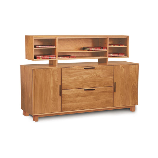 Copeland Furniture Linear Office Credenza with two drawers, two cabinets, and an open shelf, crafted in wood and shown with minimal accessories.