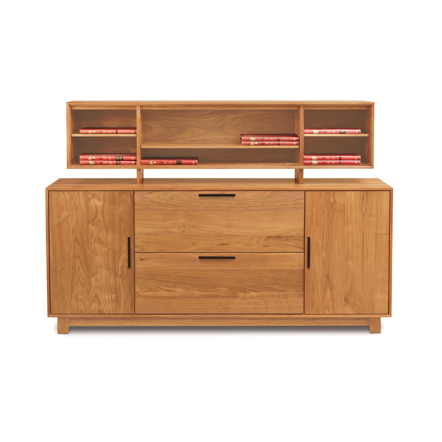 Copeland Furniture Linear Office Credenza with two cabinets, central drawers, and upper shelf, showcasing modern craftsmanship and sleek design.