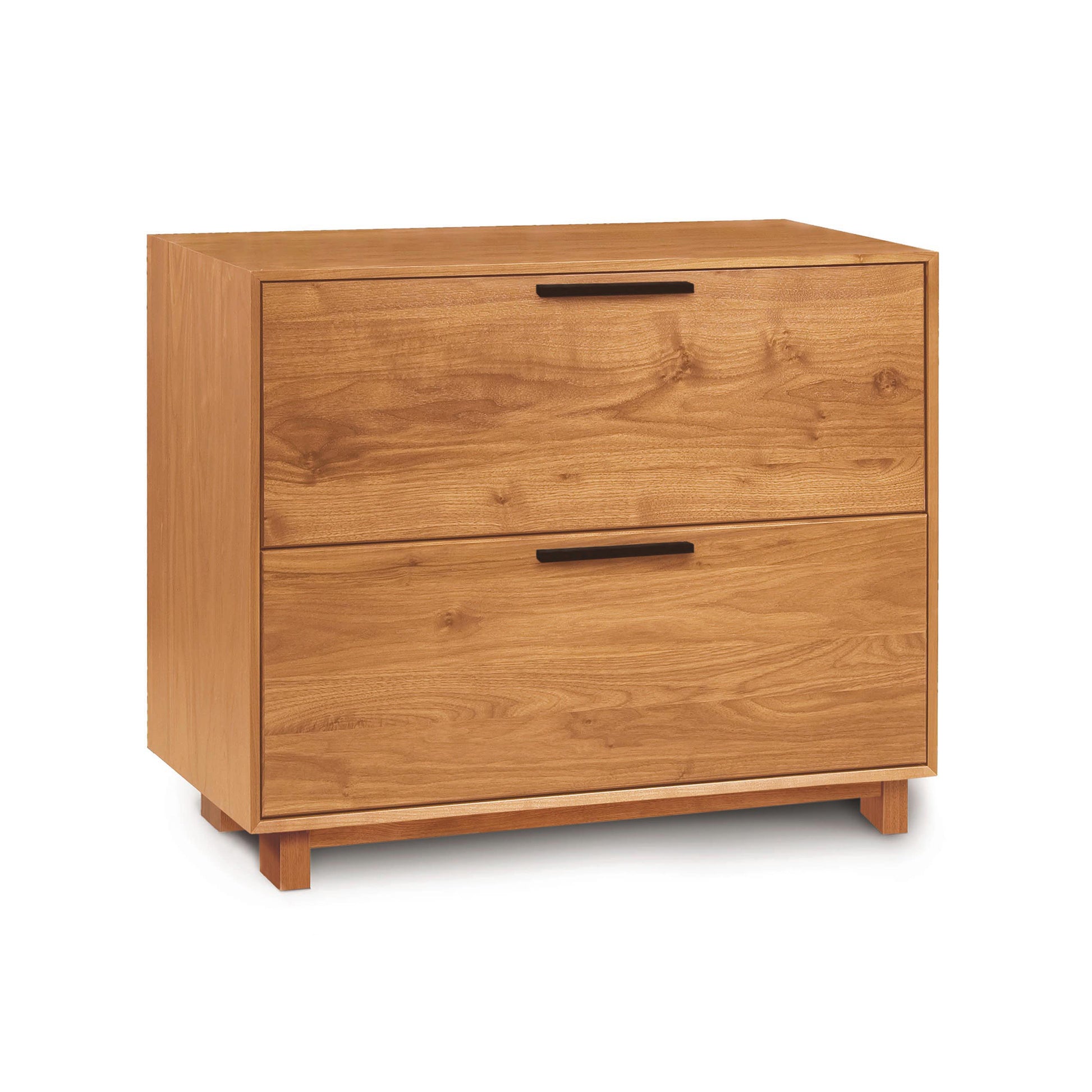 Copeland Furniture Linear Lateral File Cabinet with two drawers and black handles, crafted from sustainable hardwood.