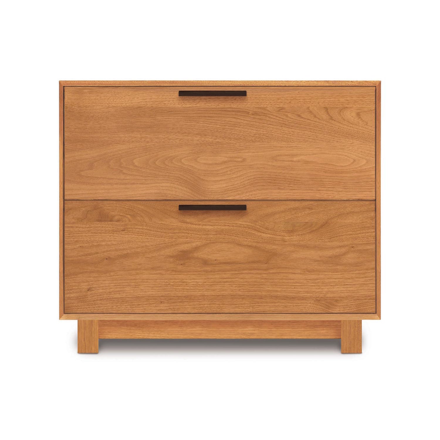 Copeland Furniture Linear Lateral File Cabinet featuring two wooden drawers with sleek black handles and minimalist flat base.