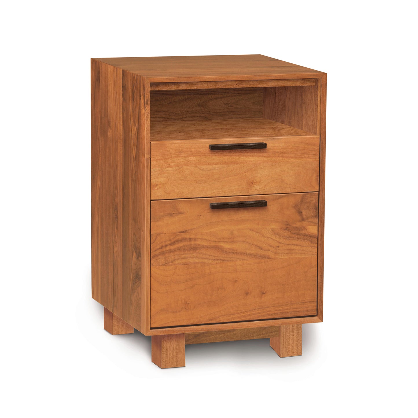 Linear Narrow File Cabinet by Copeland Furniture featuring two drawers, a cubby, rectangular handles, and four block legs in a modern design.