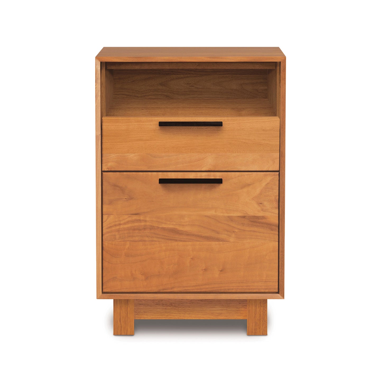 A Copeland Furniture Linear Narrow File Cabinet with Cubby isolated on a white background.