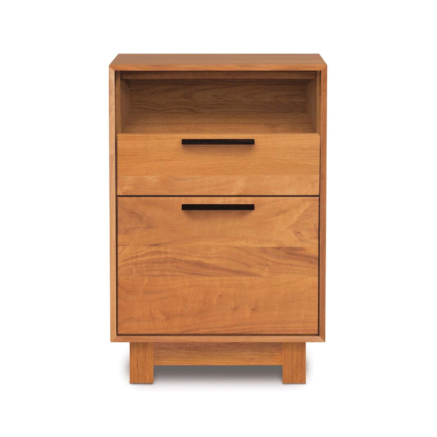 Copeland Furniture Linear Narrow File Cabinet with two drawers and an open cubby, featuring clean lines and a modern design.