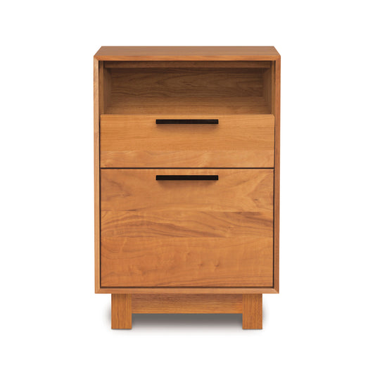 Copeland Furniture Linear Narrow File Cabinet with two drawers and an open cubby, featuring clean lines and a modern design.