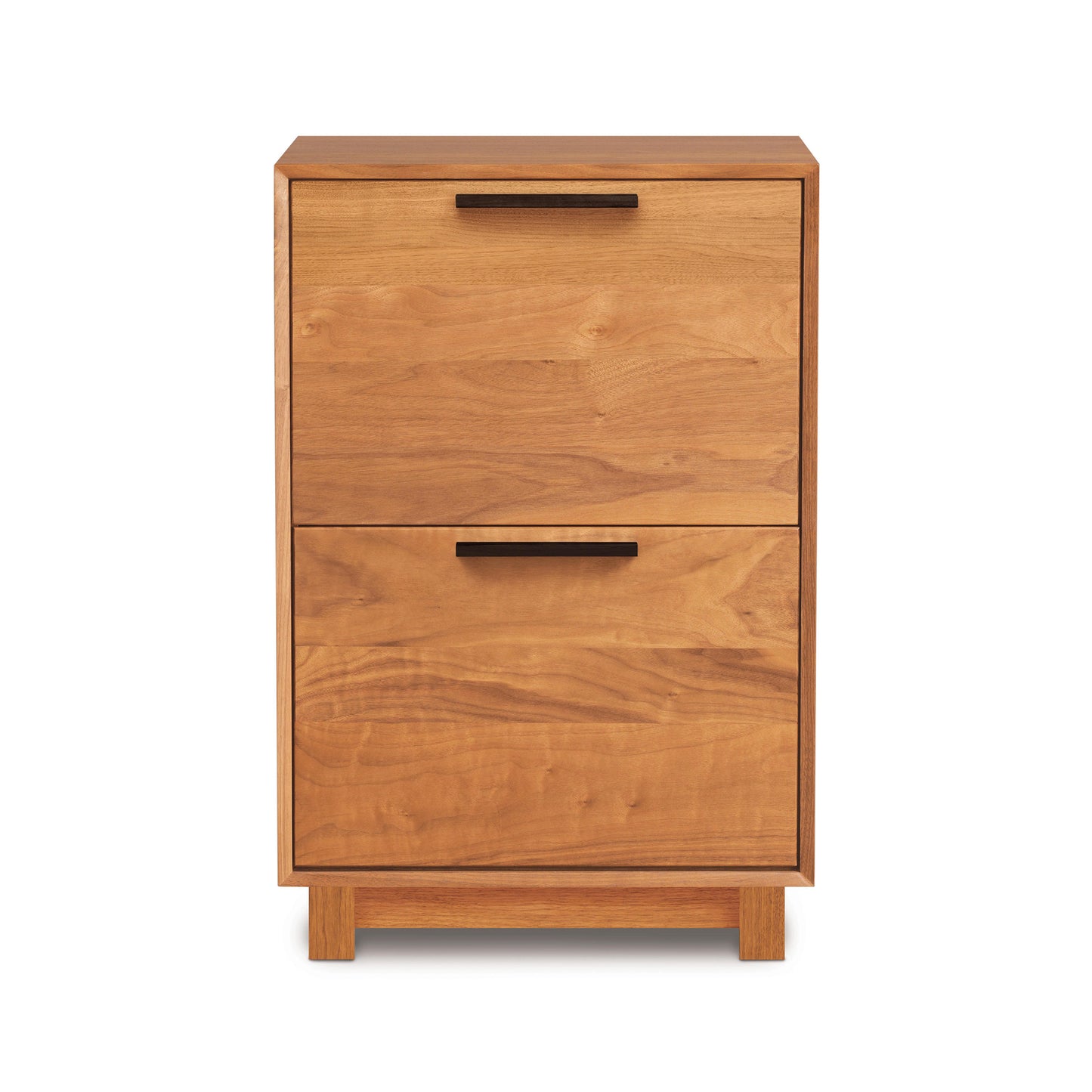 Linear Narrow File Cabinet by Copeland Furniture with two drawers, black handles, and crafted from sustainably sourced hardwoods.