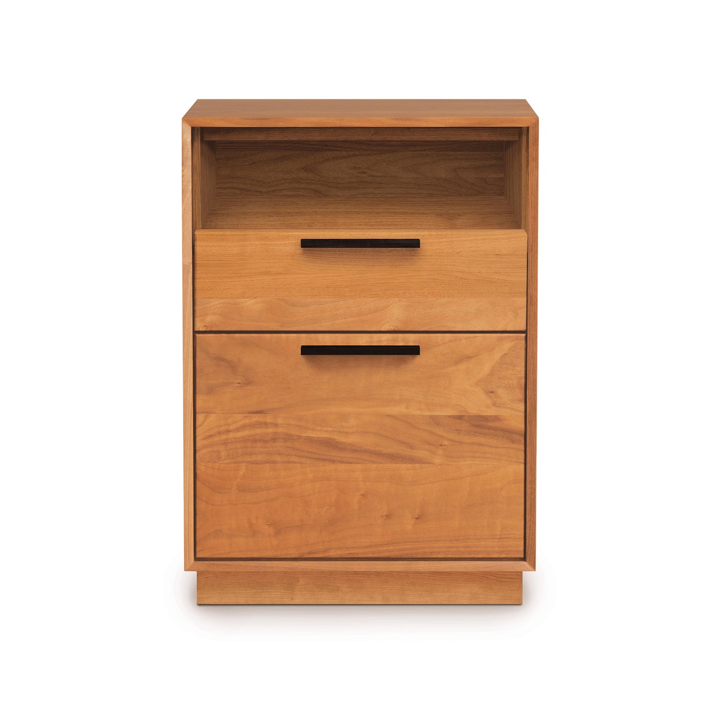 Copeland Furniture Linear Narrow Rolling File Cabinet with open cubby, drawer, and sleek black handles, shown in a modern wood finish.
