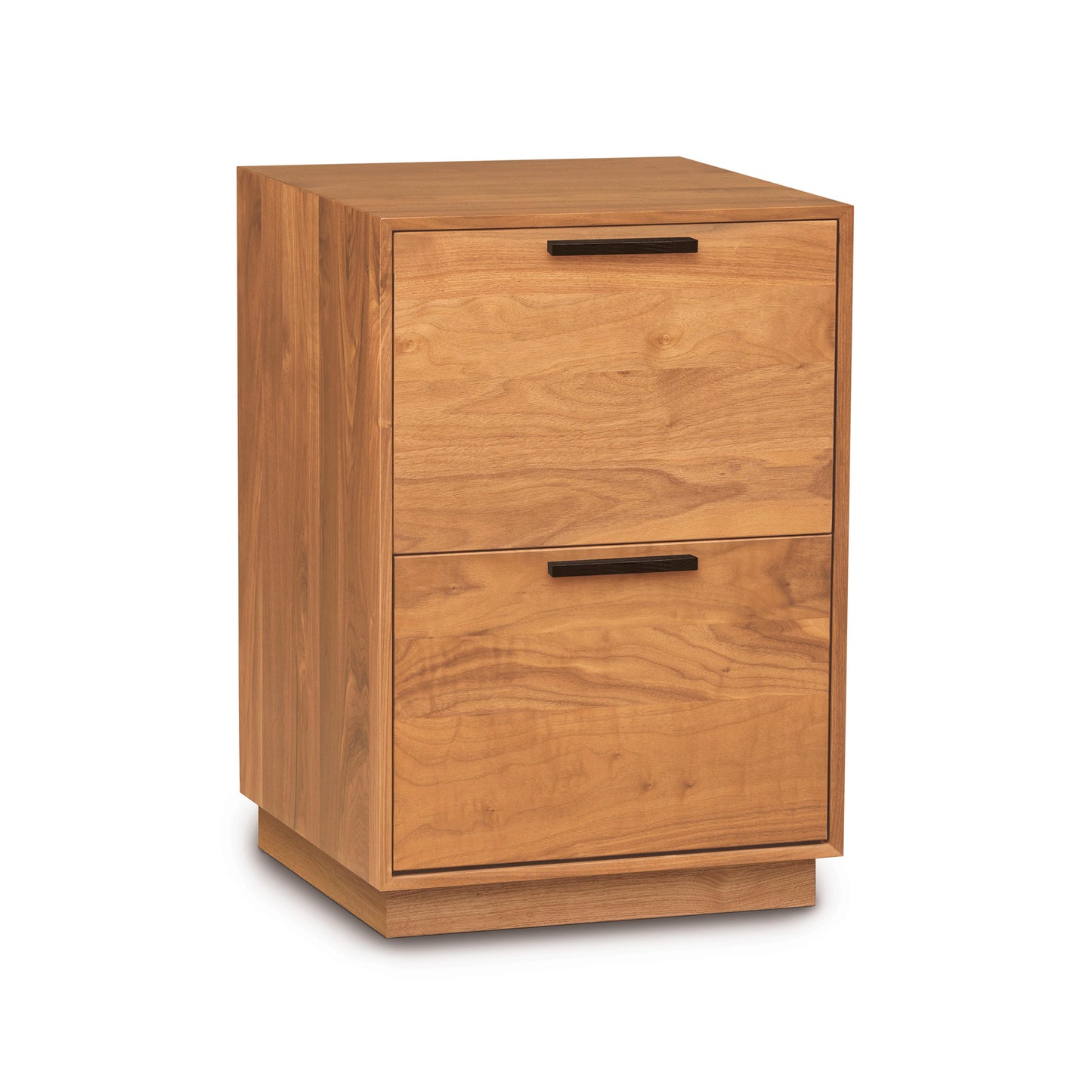 Copeland Furniture Linear Narrow Rolling File Cabinet with two sleek drawers and black handles, featuring a modern minimalist design.