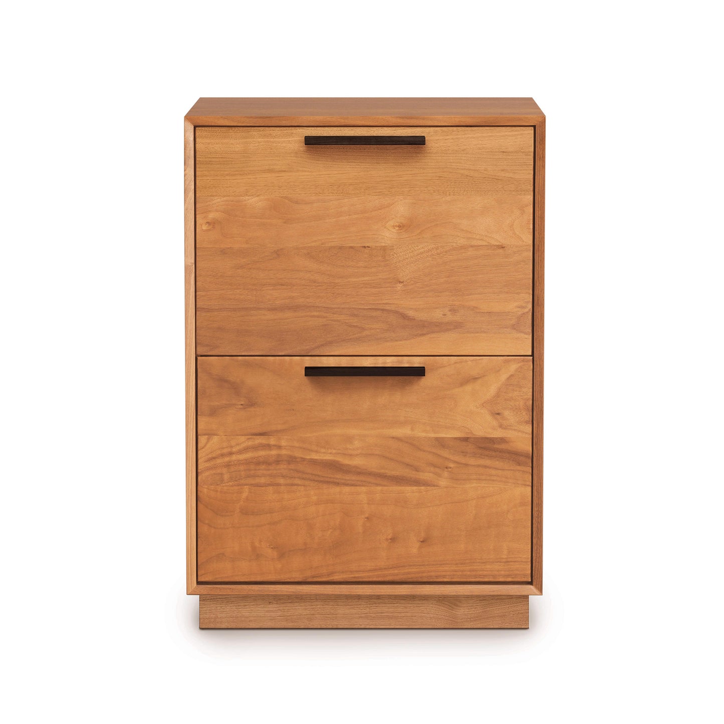 Copeland Linear Narrow Rolling File Cabinet with two drawers and black handles, showcasing modern American-made wood craftsmanship.