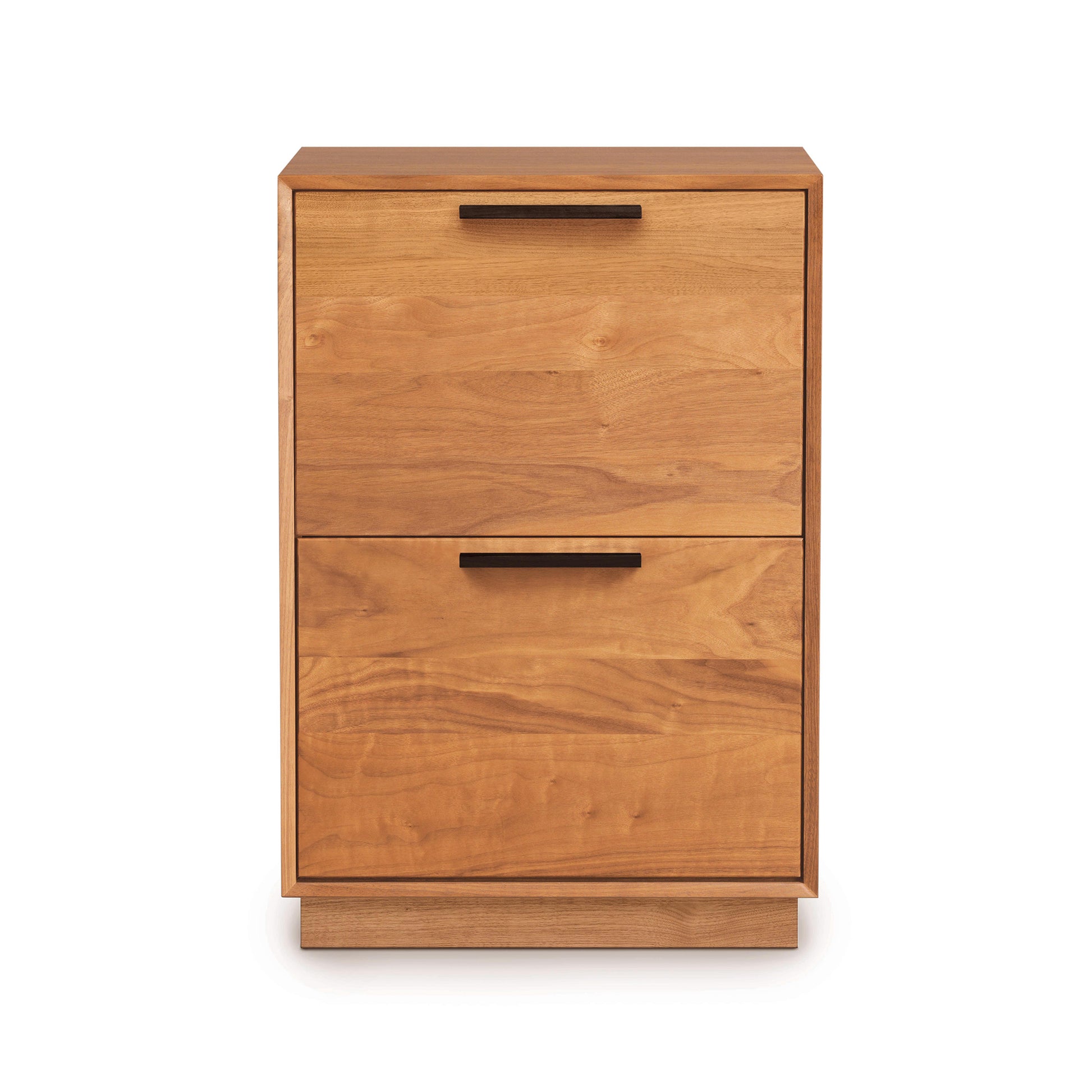 Copeland Linear Narrow Rolling File Cabinet with two drawers and black handles, showcasing modern American-made wood craftsmanship.
