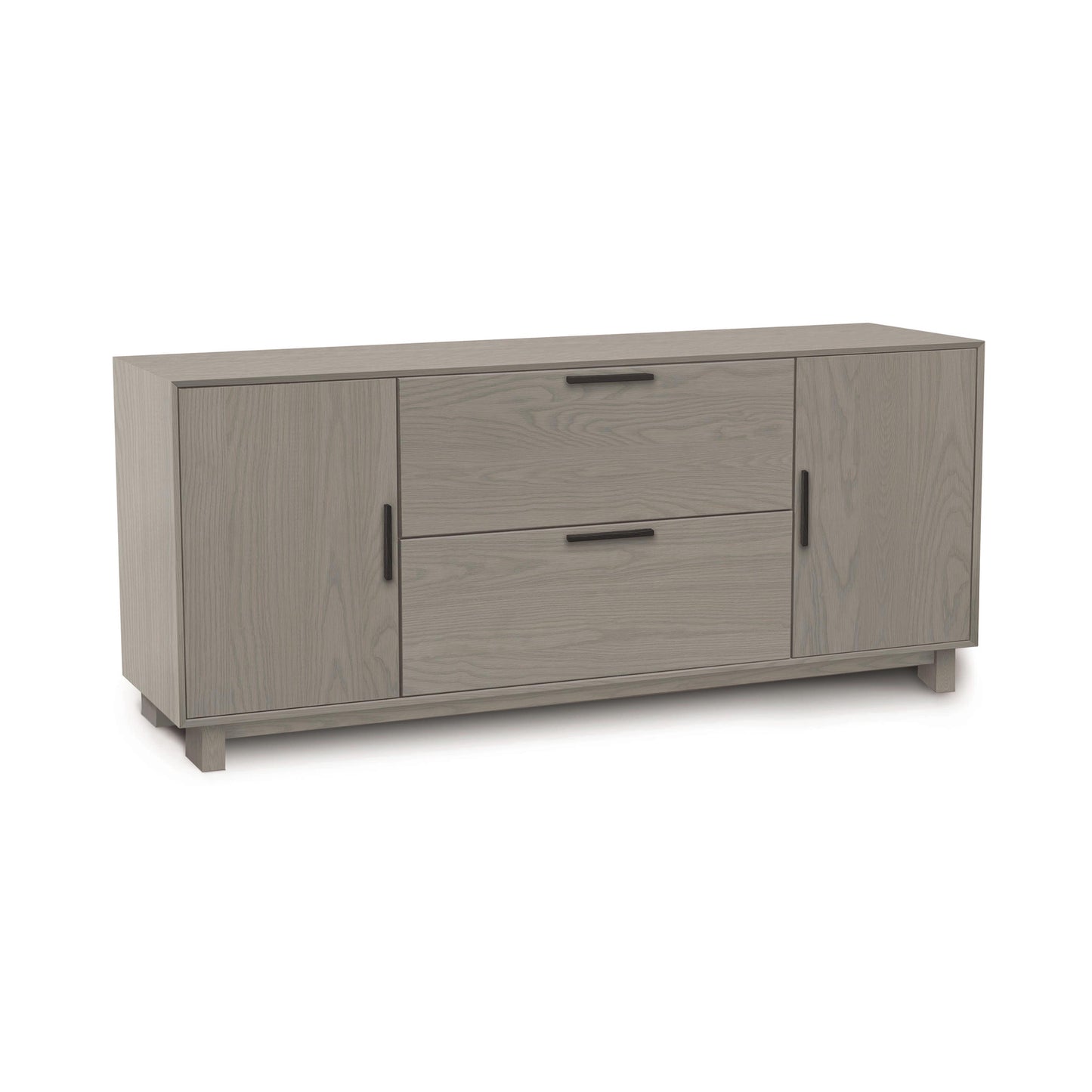 Copeland Furniture Linear Office Credenza in light gray with mid-century modern design, featuring two central drawers, side cabinets, and sleek black handles.