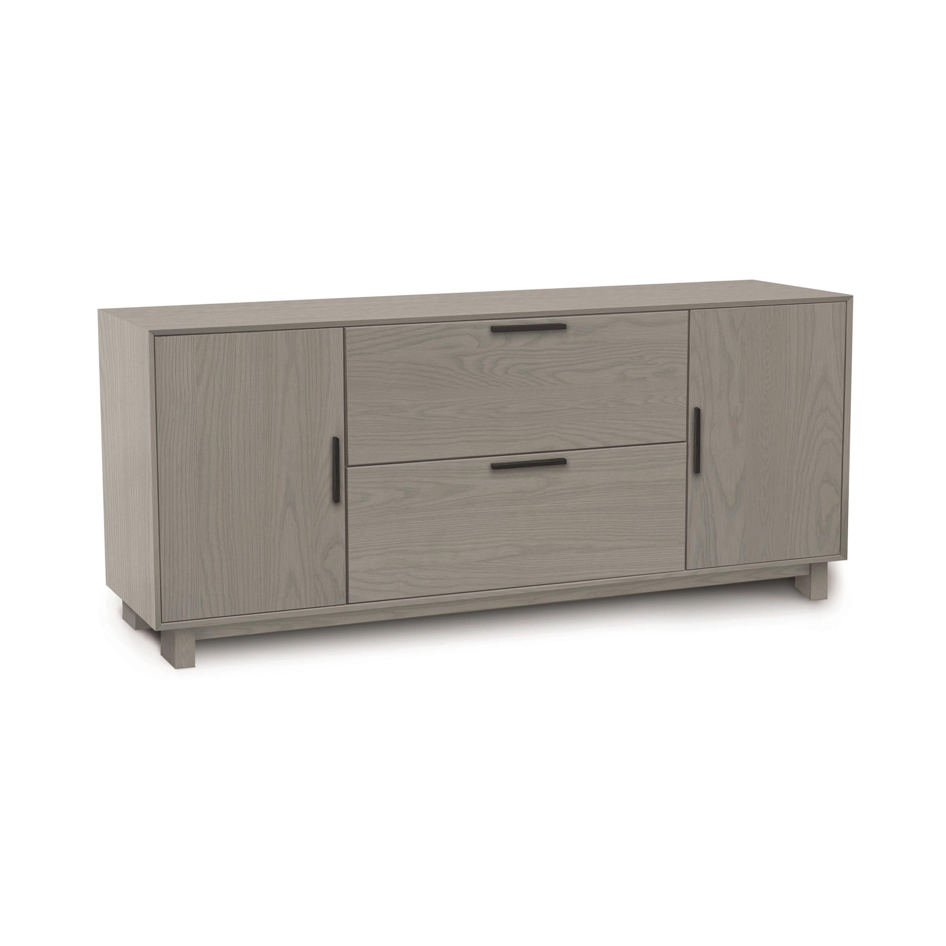 Copeland Furniture Linear Office Credenza in light gray with mid-century modern design, featuring two central drawers, side cabinets, and sleek black handles.