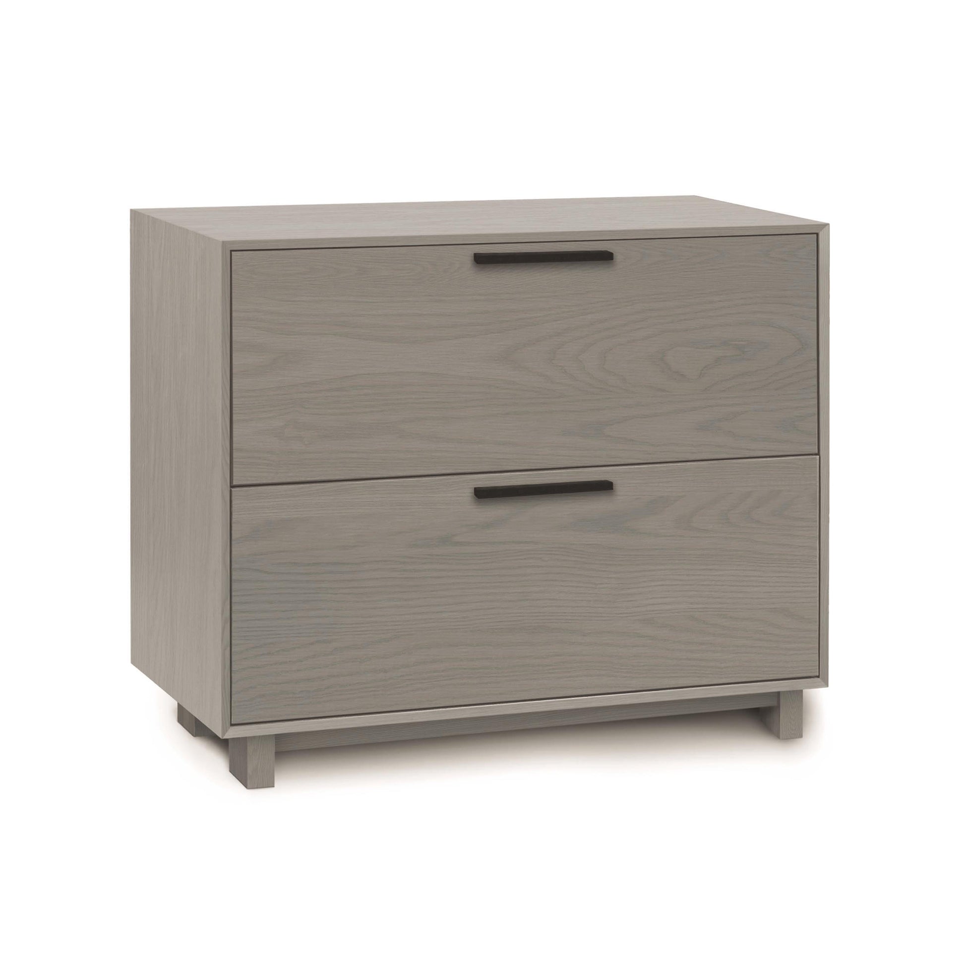 Copeland Furniture Linear Lateral File Cabinet in light gray sustainable hardwood, featuring two spacious drawers with sleek black handles.