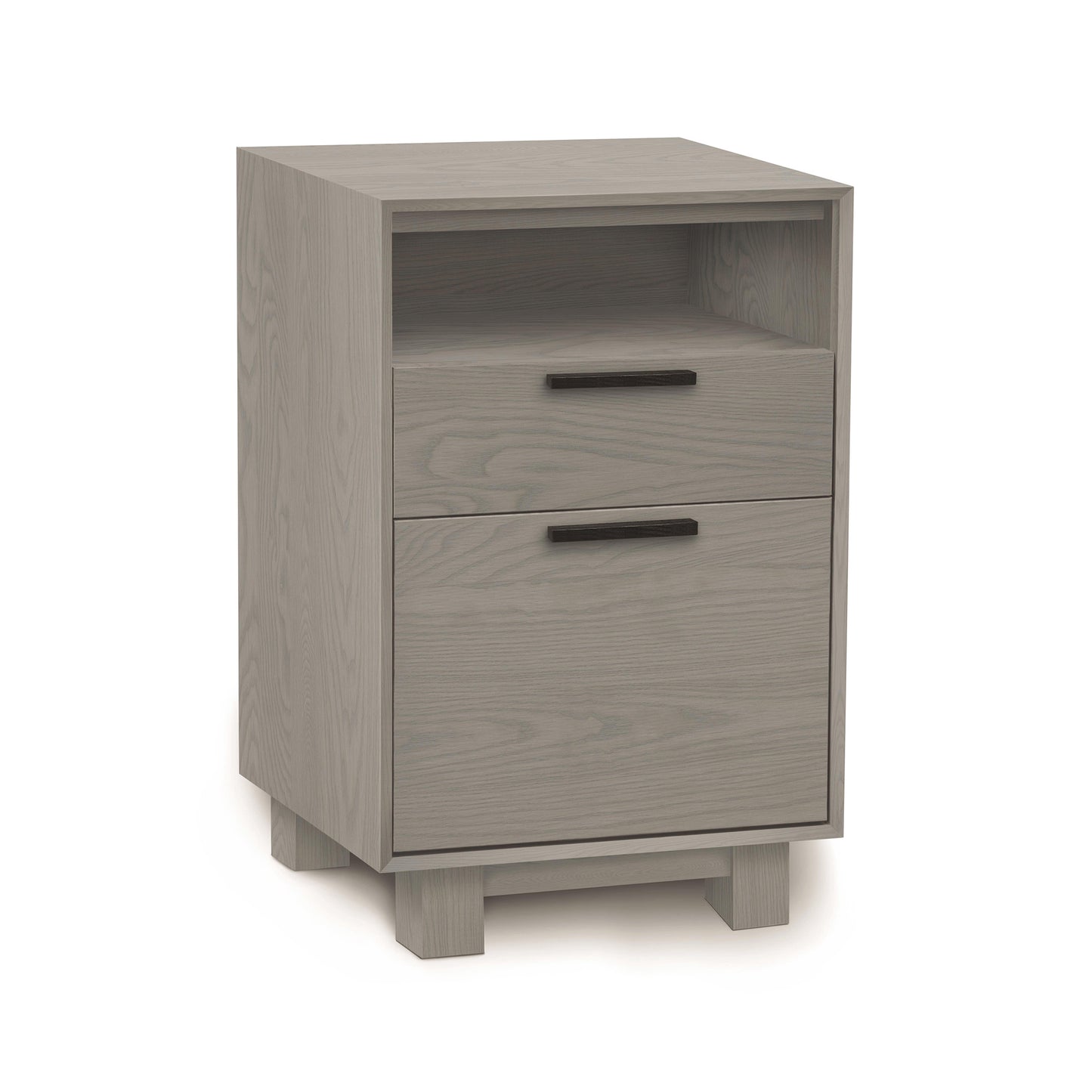 Copeland Furniture Linear Narrow File Cabinet with Cubby, showcasing two drawers, an open shelf, and modern black handles on sturdy square legs.