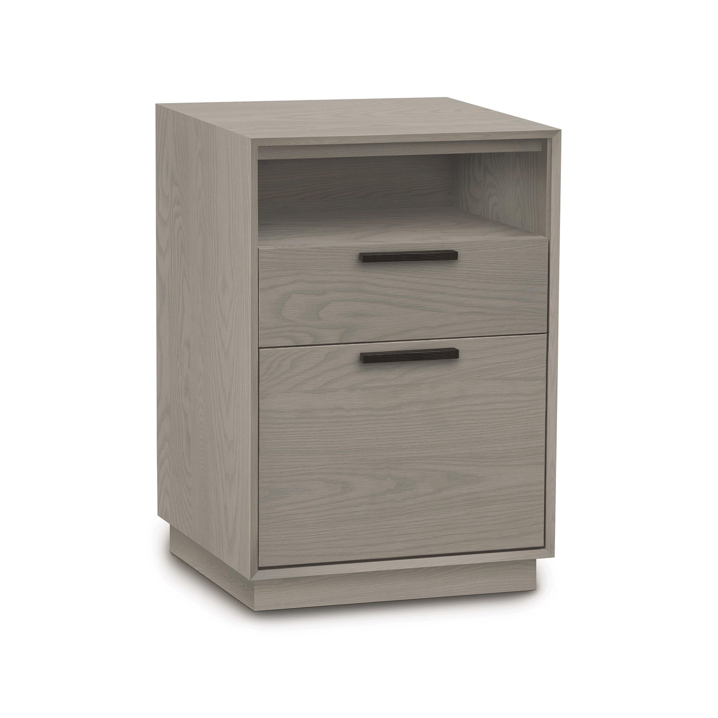 A modern solid wood construction gray two-drawer Copeland Furniture nightstand against a white background.