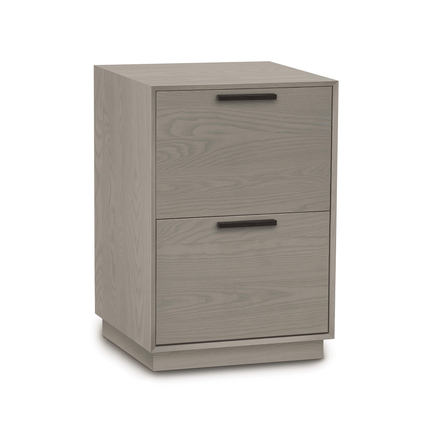 Linear Narrow Rolling File Cabinet by Copeland Furniture, showcasing two drawers, black handles, and a sleek light gray wood finish.