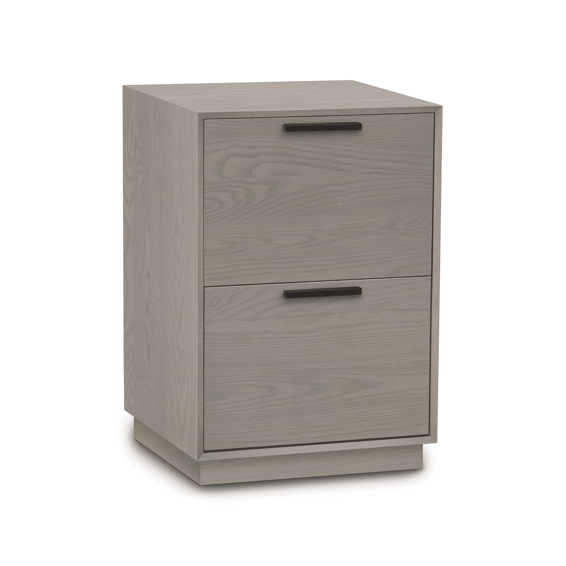 Linear Narrow Rolling File Cabinet by Copeland Furniture, showcasing two drawers, black handles, and a sleek light gray wood finish.