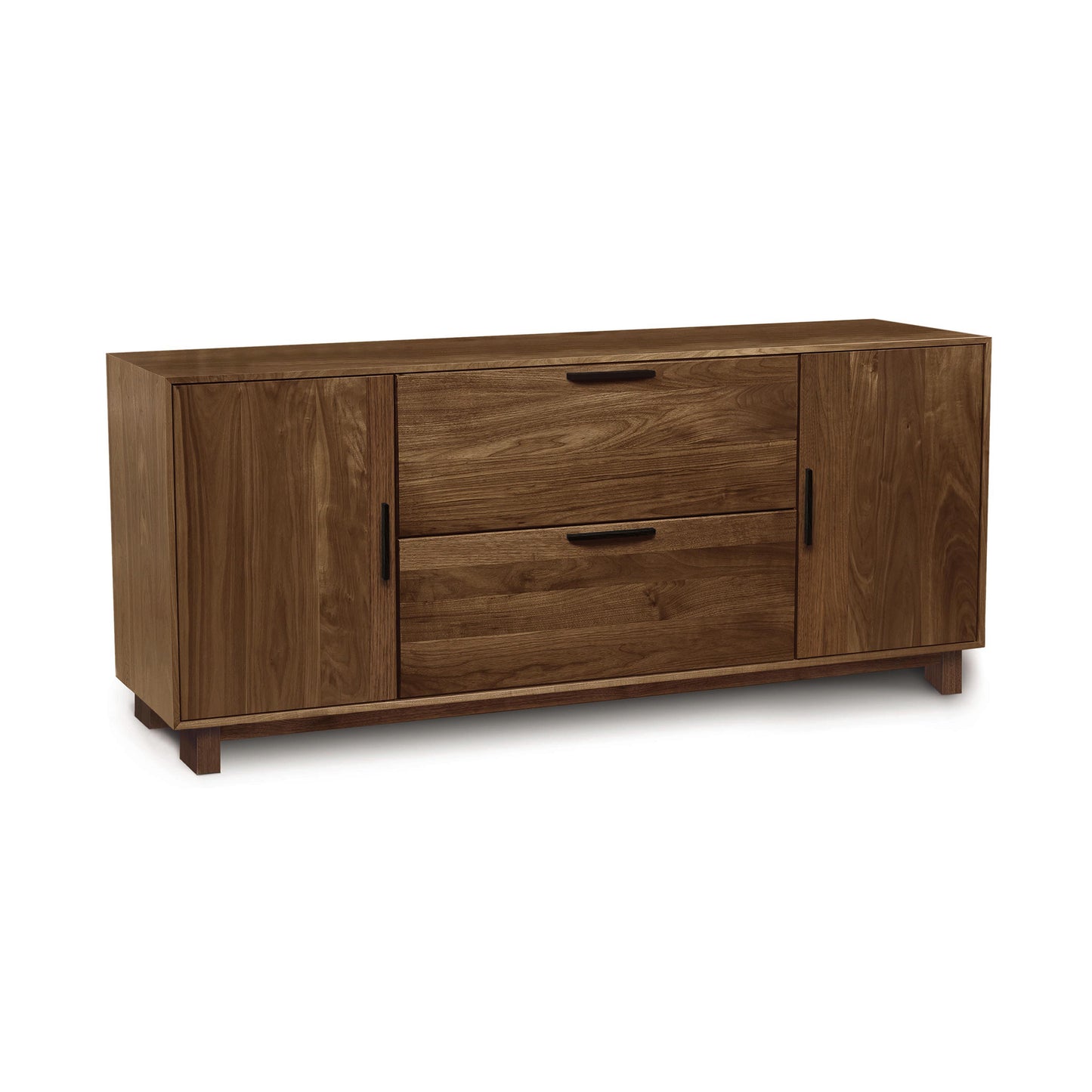 Linear Office Credenza by Copeland Furniture featuring a mid-century modern design with sleek wood finish, two doors, and drawers for stylish storage.