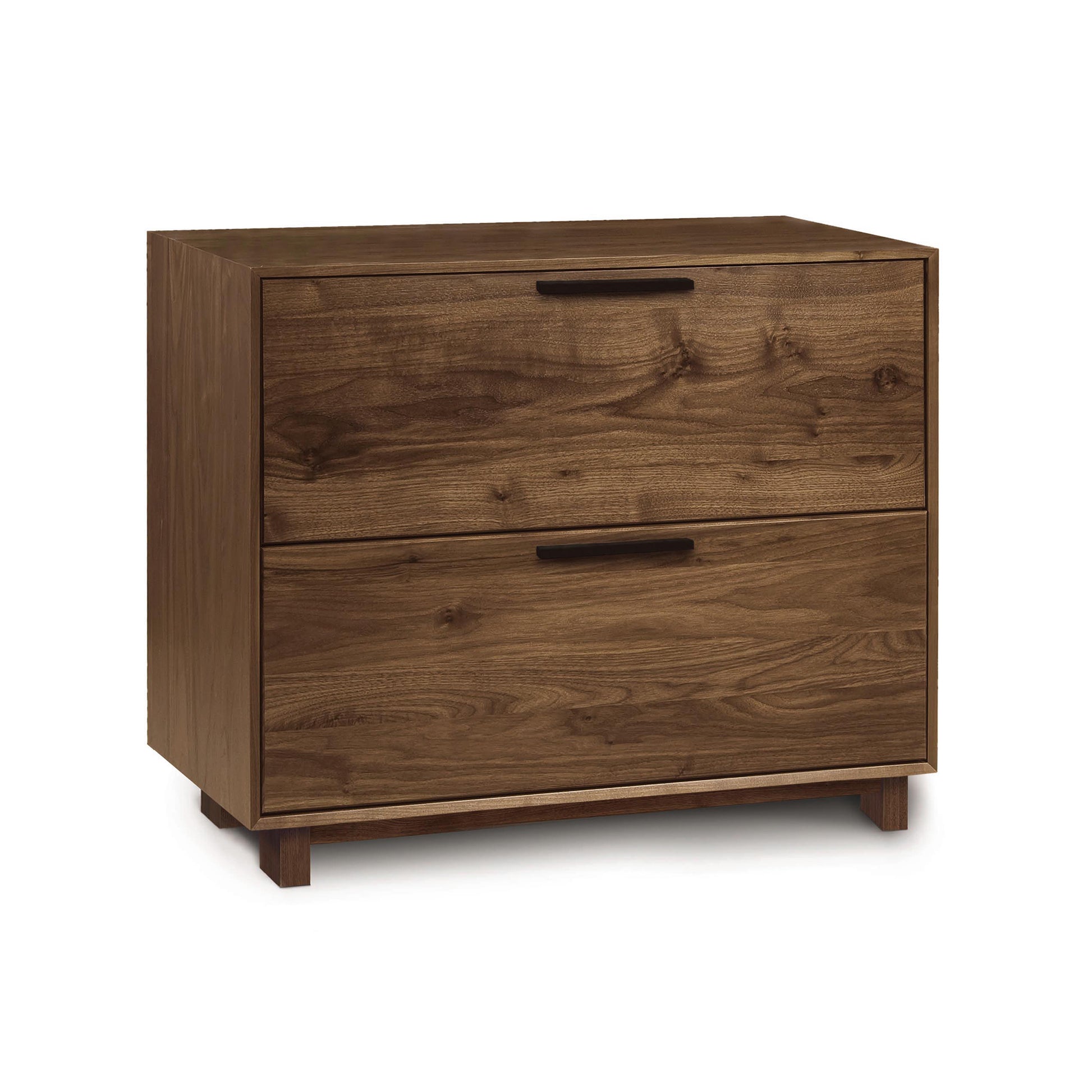 Linear Lateral File Cabinet by Copeland Furniture with two spacious drawers and black handles, crafted from sustainable hardwood.