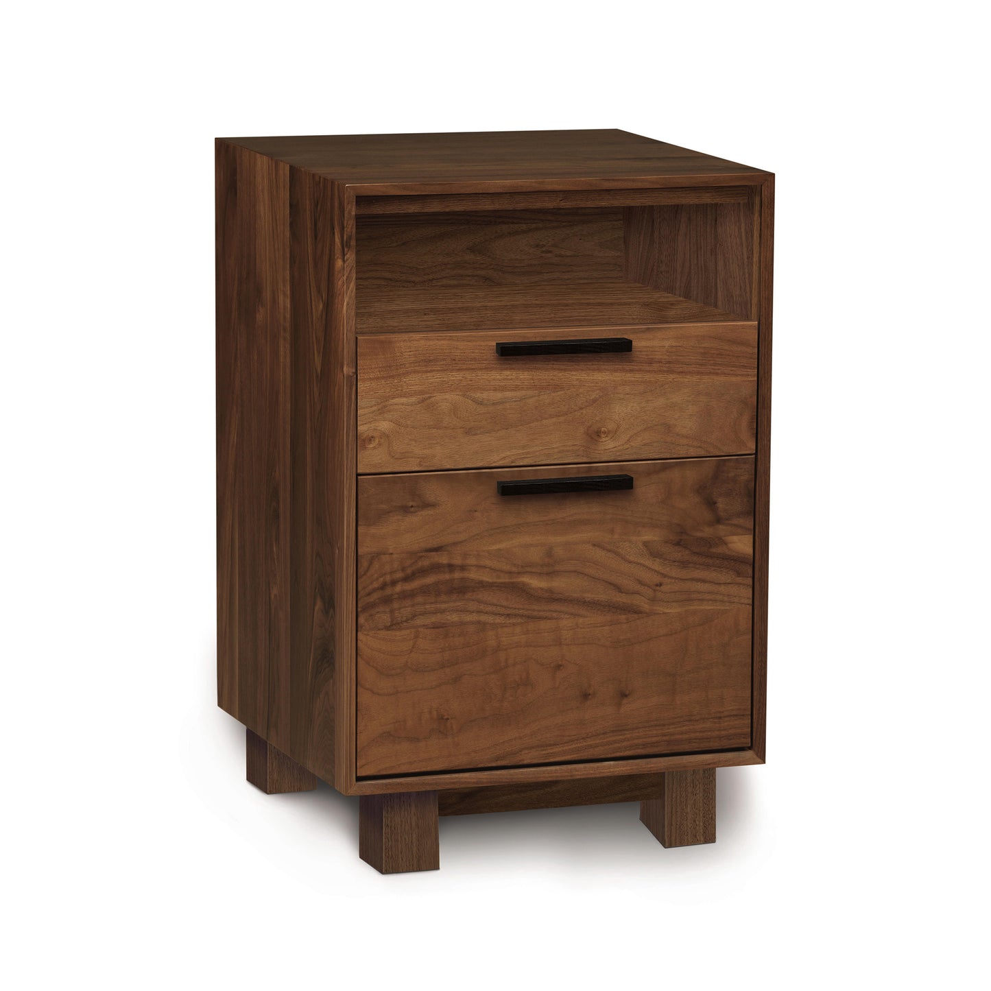 Copeland Linear Narrow File Cabinet with Cubby showcasing two drawers, a shelf, and block legs with black handles.