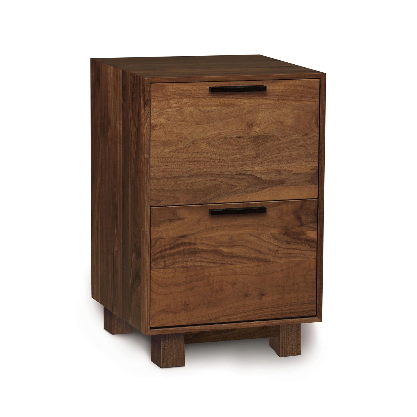 A Copeland Furniture Linear Narrow File Cabinet with two drawers, sustainably sourced from North American hardwoods, against a white background.