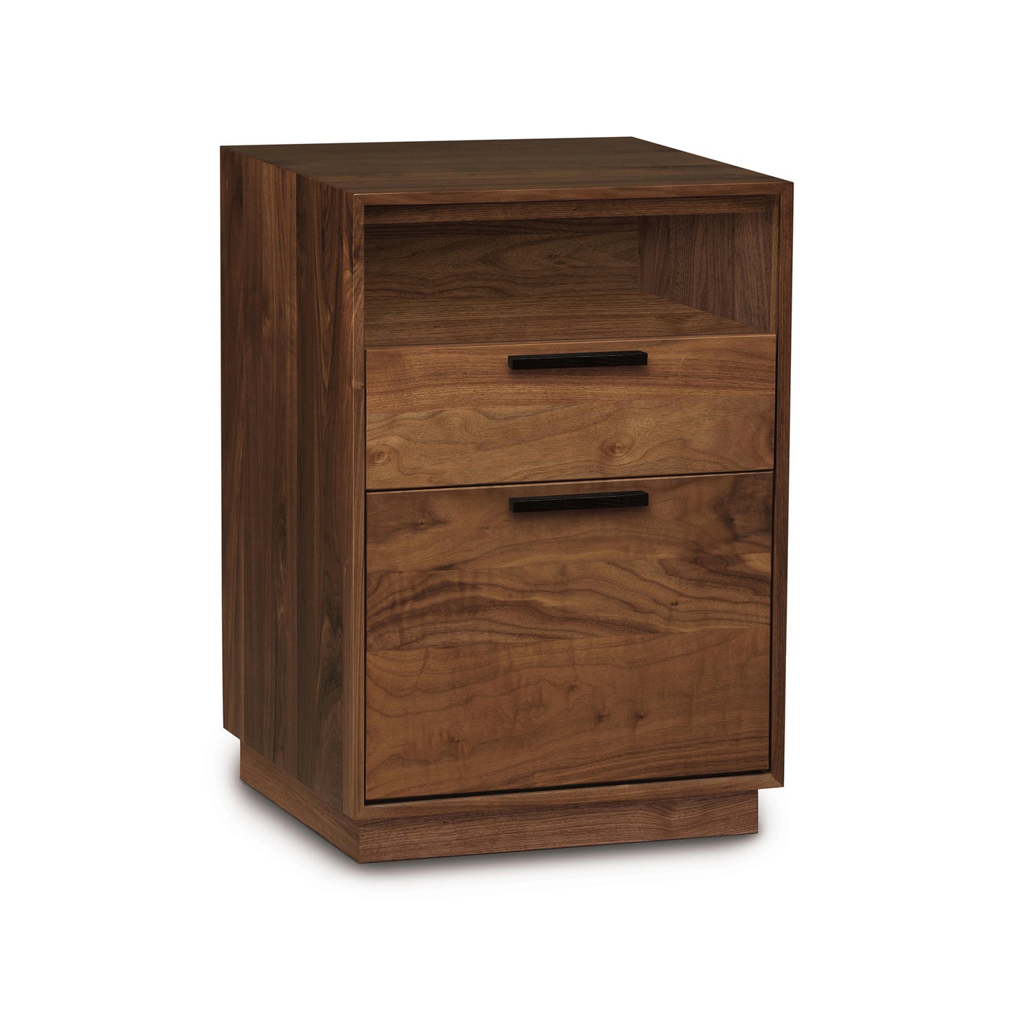 Linear Narrow Rolling File Cabinet by Copeland Furniture featuring two drawers with black handles and an open shelf for storage.