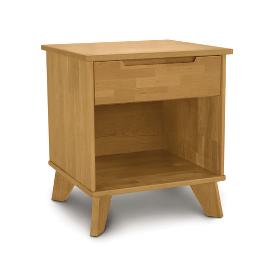 A Linn 1-Drawer Enclosed Shelf Nightstand, crafted from sustainable solid wood with low emissions finishes by Copeland Furniture, on a white background.