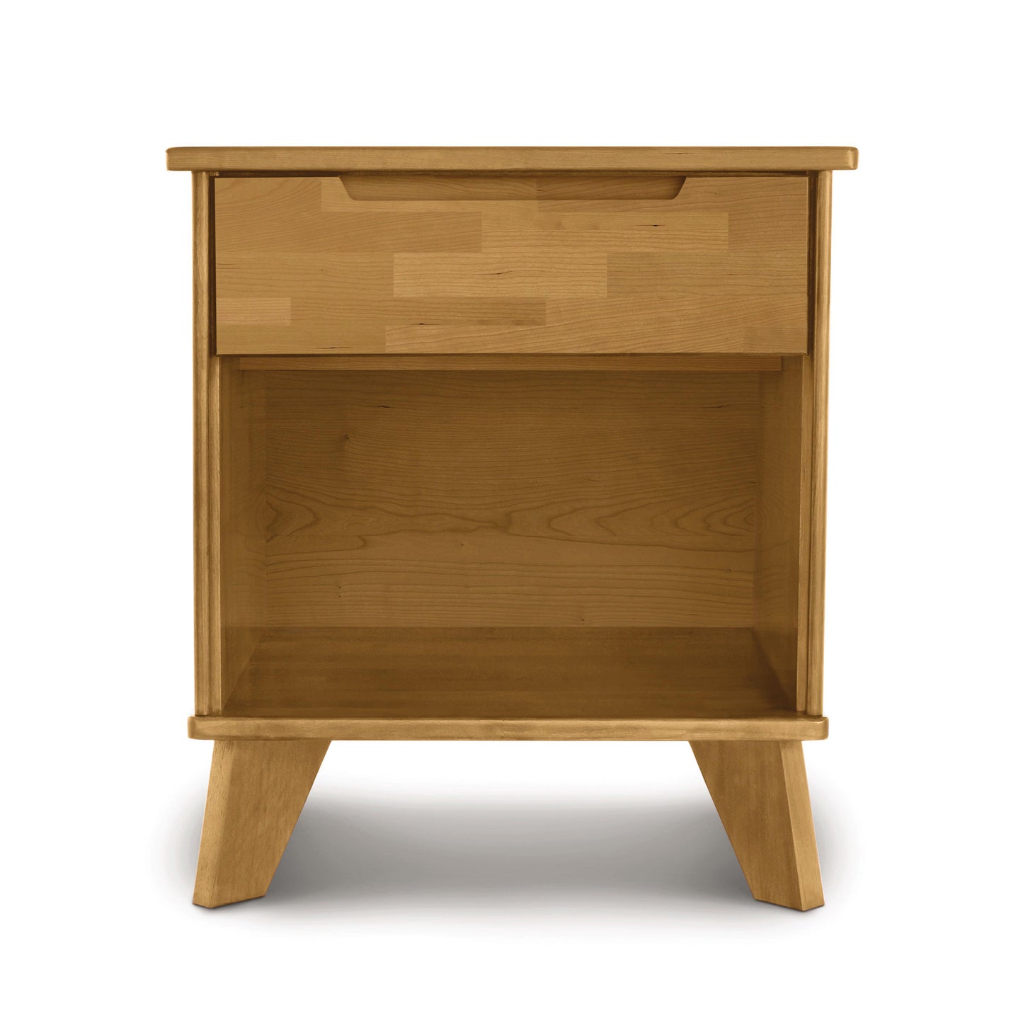 Linn nightstand by Copeland Furniture featuring angled legs, a drawer, and shelf in solid wood.