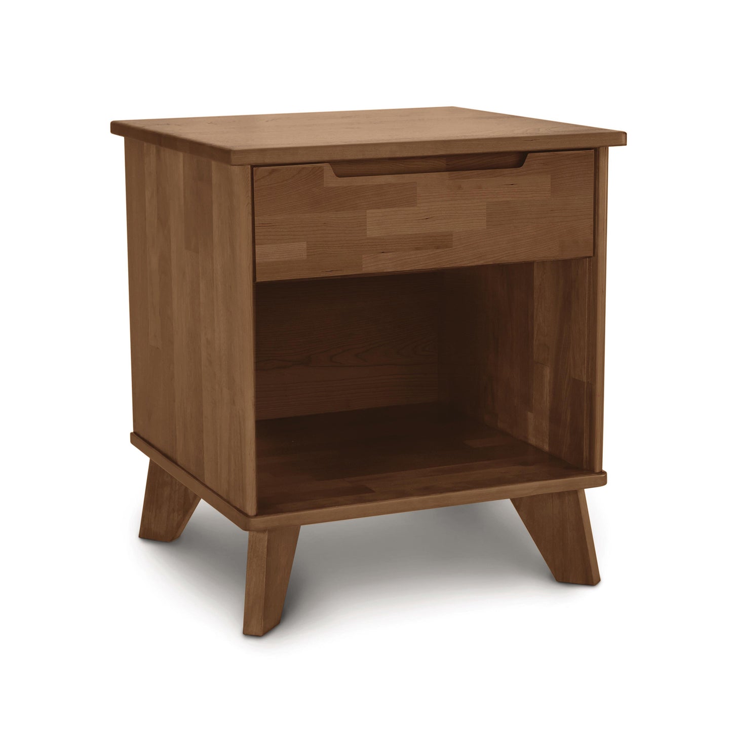 Linn nightstand by Copeland Furniture featuring a sleek drawer, open shelf, and elegant angled legs in a smooth natural wood finish.