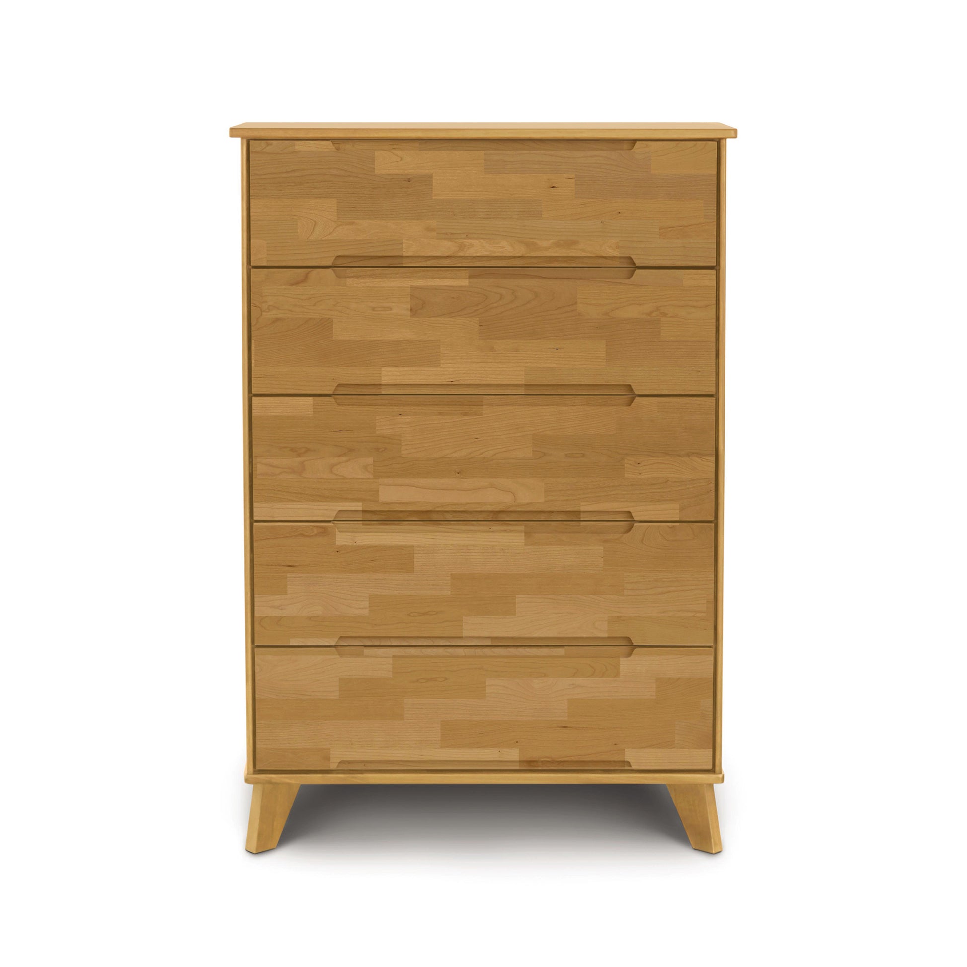 Linn 5-Drawer Wide Chest by Copeland Furniture, featuring Mid-Century Modern design with sleek cutout handles, upcycled hardwood construction, and angled legs.