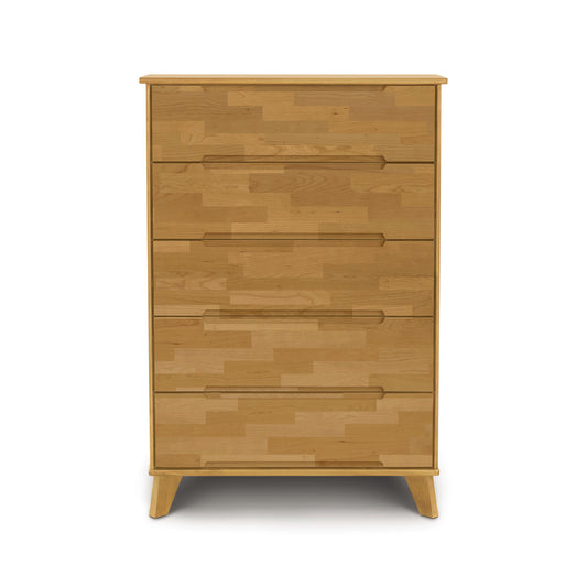 Linn 5-Drawer Wide Chest by Copeland Furniture, featuring Mid-Century Modern design with sleek cutout handles, upcycled hardwood construction, and angled legs.