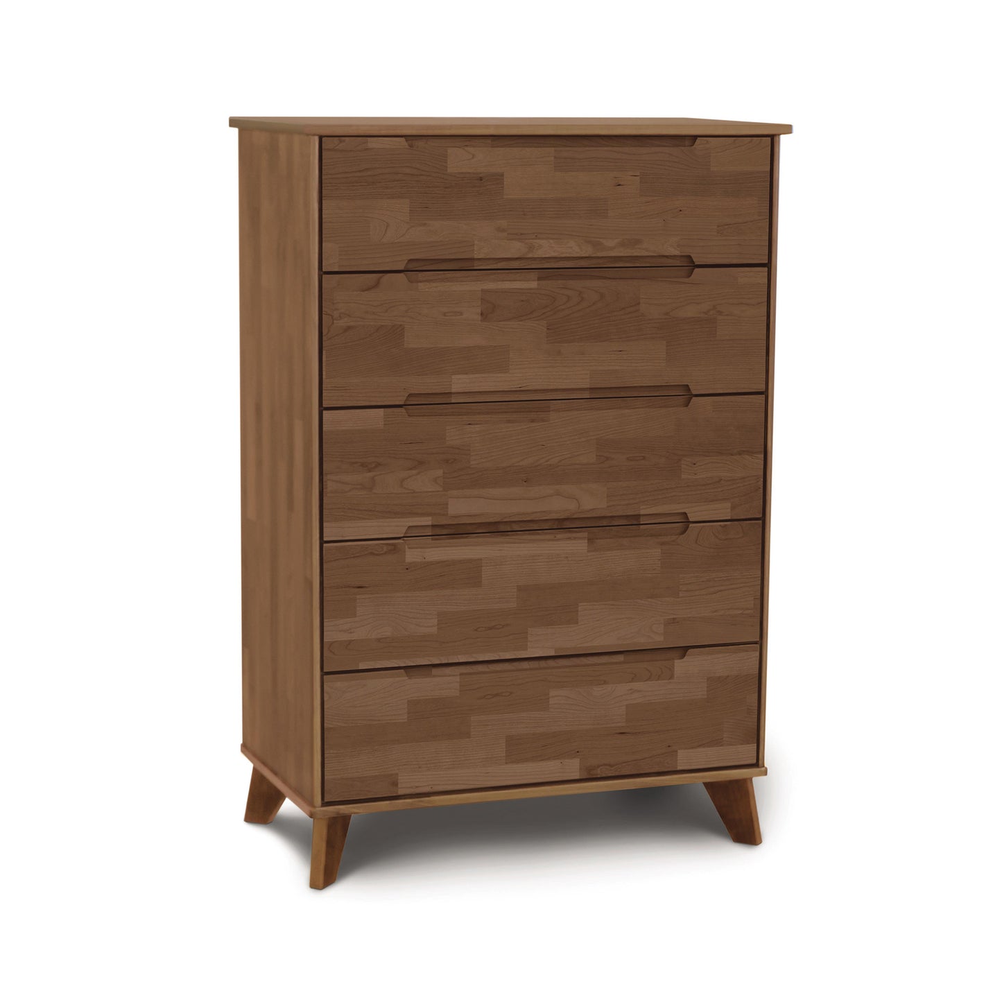 Linn 5-Drawer Wide Chest by Copeland Furniture: Mid-century modern dresser with natural wood grain finish and distinctive angled legs.
