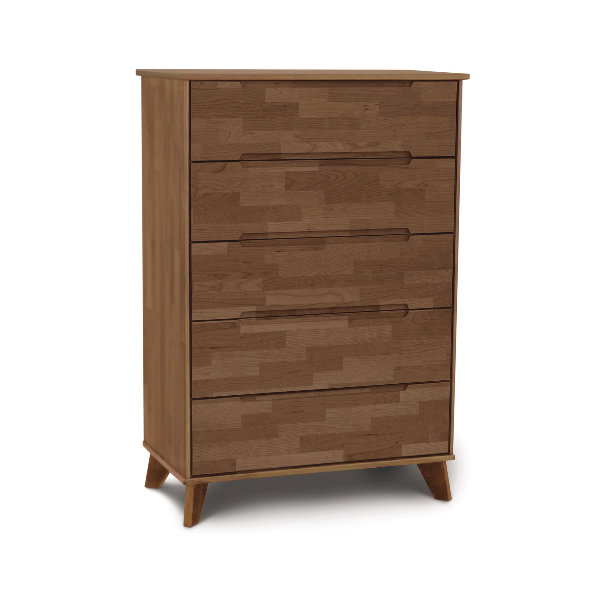 Linn 5-Drawer Wide Chest by Copeland Furniture: Mid-century modern dresser with natural wood grain finish and distinctive angled legs.
