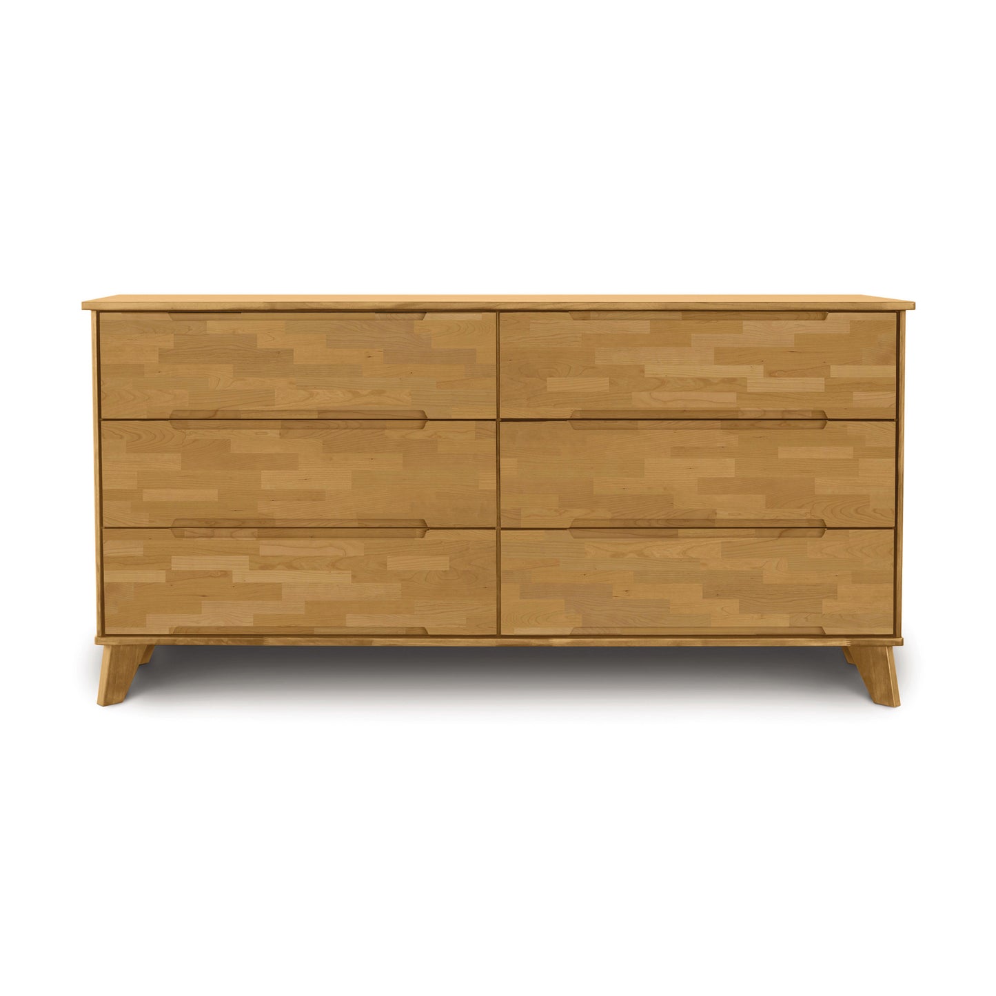 Linn 6-Drawer Dresser by Copeland Furniture with a natural finish and mid-century style, featuring small rectangular patterns.
