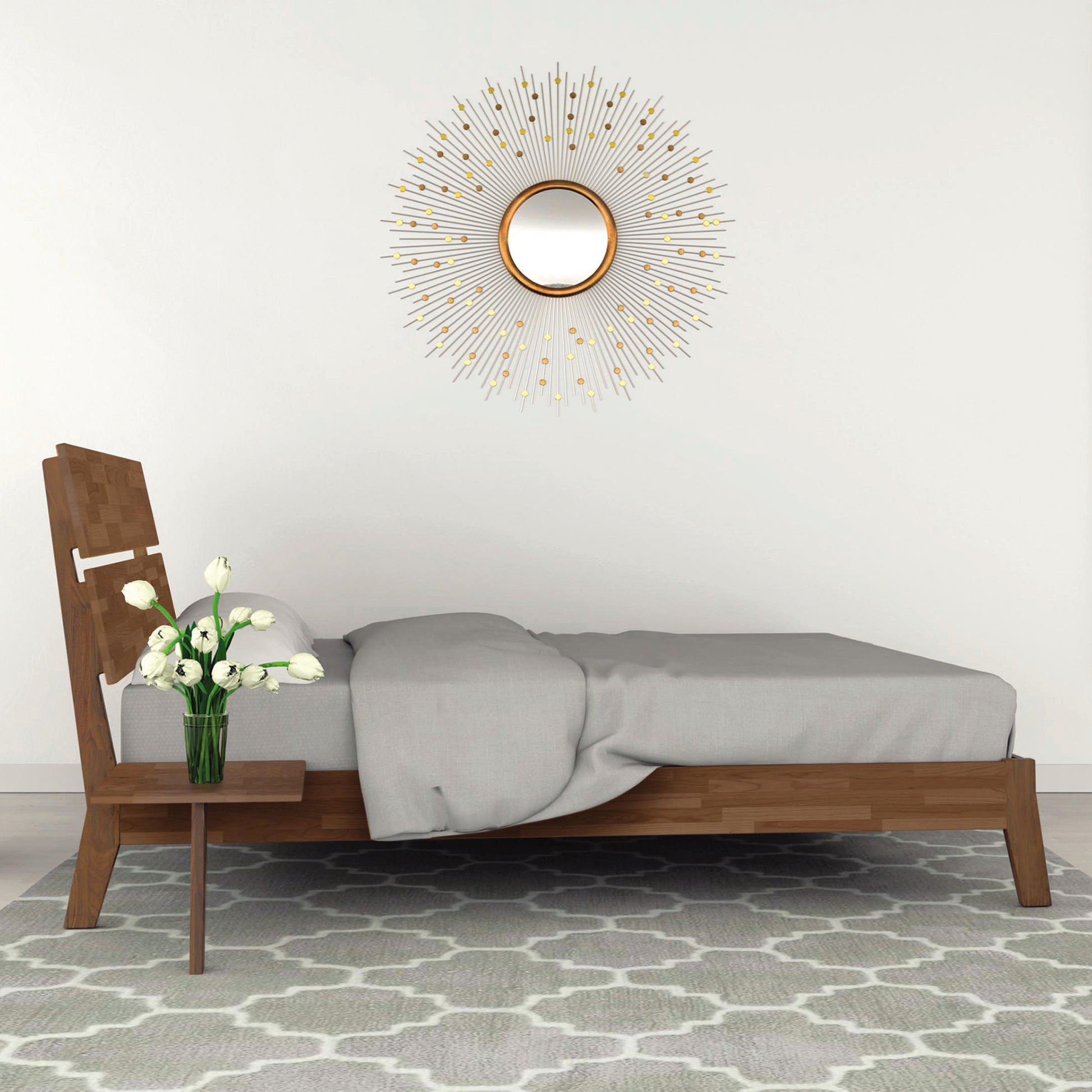 Copeland Furniture Linn Platform Bed with gray bedding, modern minimalist design.