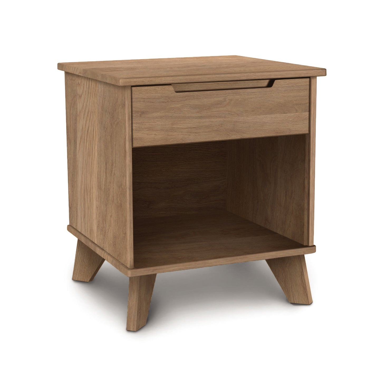 Linn Nightstand by Copeland Furniture with single drawer, enclosed shelf, and angled legs showcasing sustainable craftsmanship.