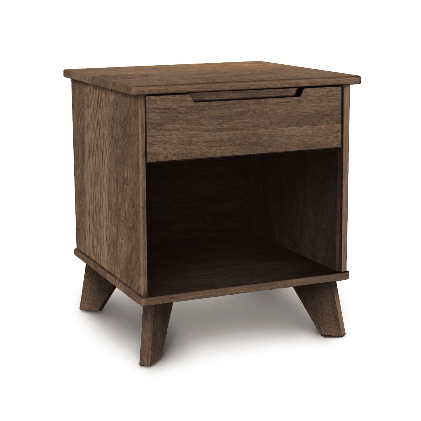 Linn nightstand by Copeland Furniture with drawer, open shelf, and angled legs, highlighting sustainable craftsmanship.