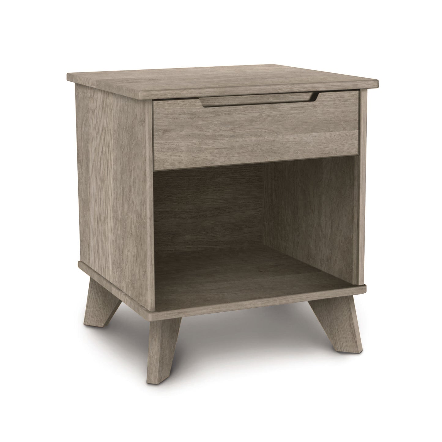 Linn Nightstand by Copeland Furniture in solid wood with one drawer, open shelf, angled legs, and light brown finish.
