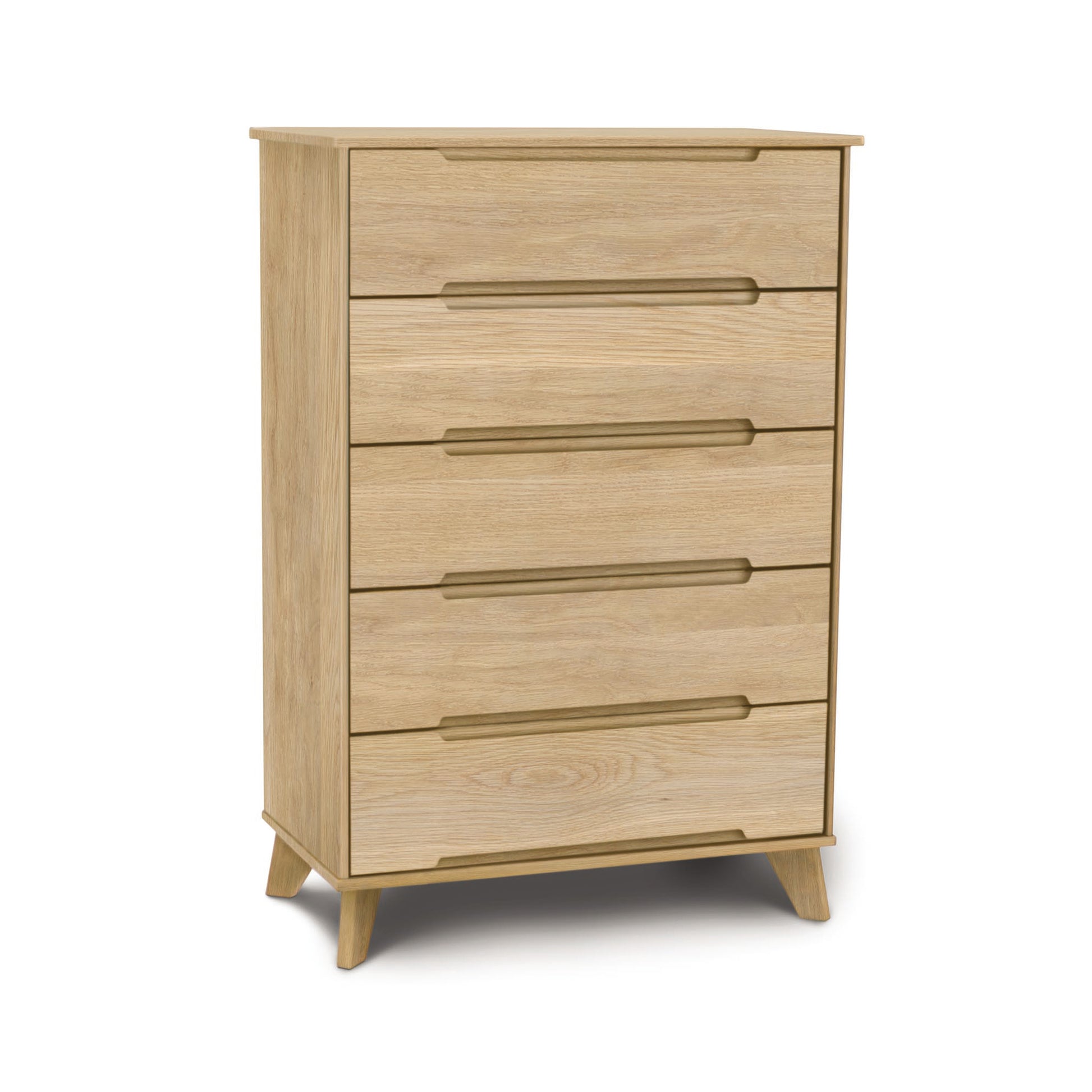 Linn 5-Drawer Wide Chest by Copeland Furniture showcasing a mid-century modern design with distinctive angled legs.